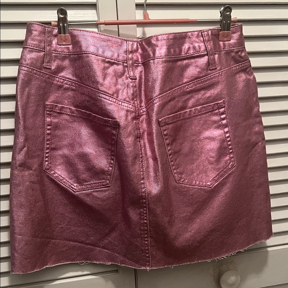 #0983+ Metallic Pink Denim Skirt - Picture 3 of 12